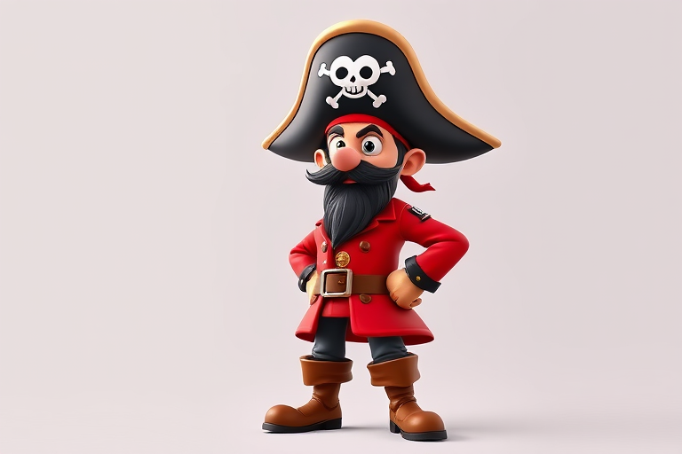 A cartoon pirate character with a large hat featuring a skull and crossbones, red coat, brown boots, and a hook for a hand, standing confidently with one hand on his hip, vibrant colors, sharp outlines, 4K resolution, captured with a DSLR camera, 24mm lens, f/2.8 aperture, natural lighting.