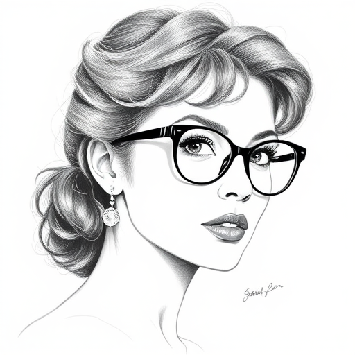 Beautiful Sophia Loren, pencil sketch, portrait of beautiful woman 60s in glasses, hair style beatnik, outline, clear lines, fine lines, 8k