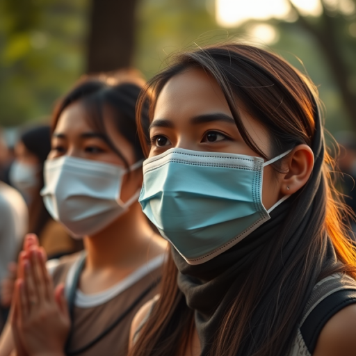 Portrait of two women with masks in a serene outdoor setting, capturing their expressions of devotion, focus on soft lighting, aperture f/2.8, shutter speed 1/200, ISO 100, shot from a slightly low angle with a shallow depth of field using a DSLR camera.
