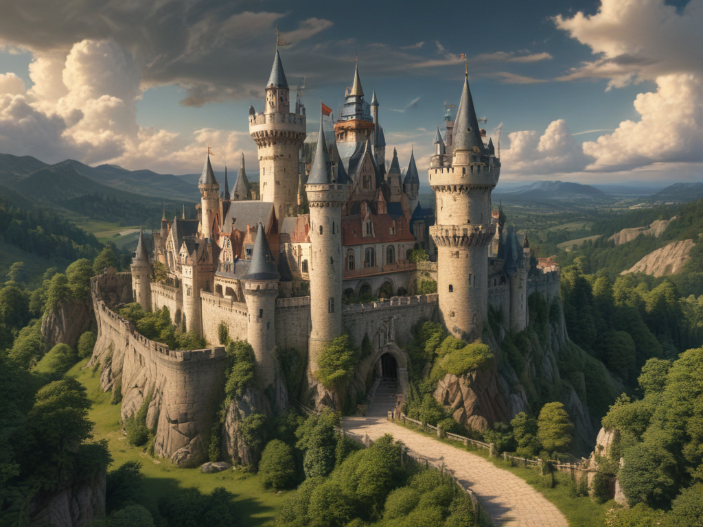 Majestic Castle Surrounded by Lush Green Mountains and Blue Sky