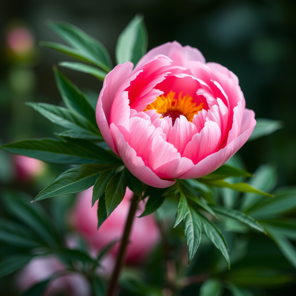 soft focus macro shot of a blooming pink peony with lush green leaves, aperture f/2.8, ISO 100, shutter speed 1/250s, natural light, DSLR camera