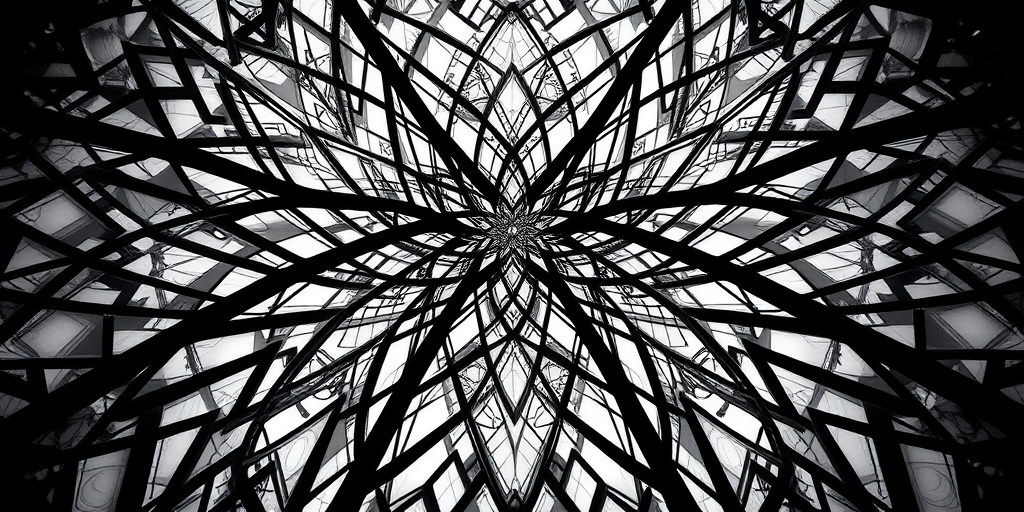 Generate an abstract black and white image with intricate geometric patterns, captured using a DSLR camera at f/8 aperture, ISO 100, shutter speed 1/60s, taken from a low angle, in a high-contrast style to enhance detail and sharpness.