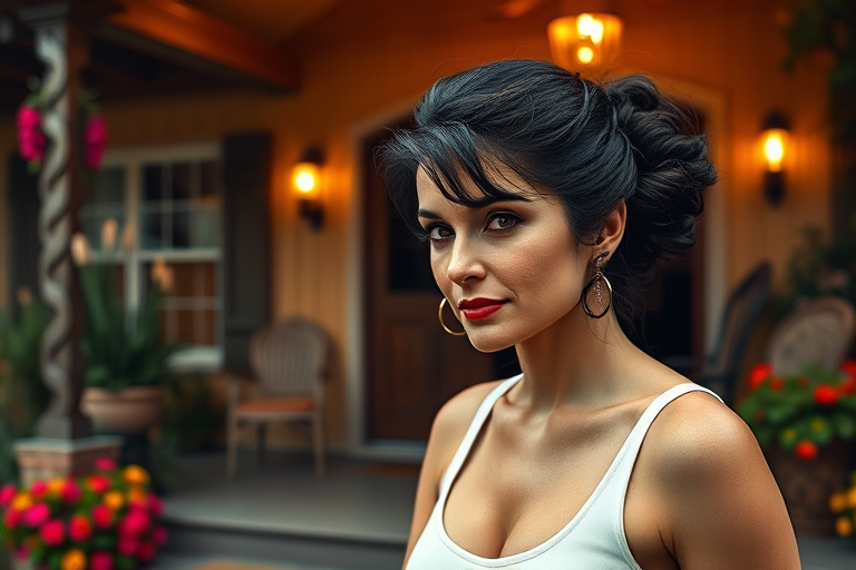 A photo of Rita Hayworth with a background of a cozy porch. She has dark hair pulled back in an updo, with tendrils framing her face. She wears a white tank top and sits on the porch. The porch is part of a well-lit home with a warm, earthy tone and colorful flowers and foliage. The overall scene has a warm, welcoming, and comfortable ambiance.