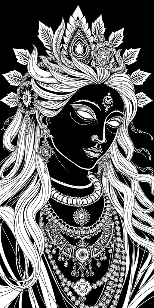 Create a highly detailed line art illustration of a divine figure with intricate hair and jewelry on a black background, shot with a DSLR camera at f/2.8 aperture, 50mm lens, ISO 100, in a soft focus style to enhance sharpness and contrast.
