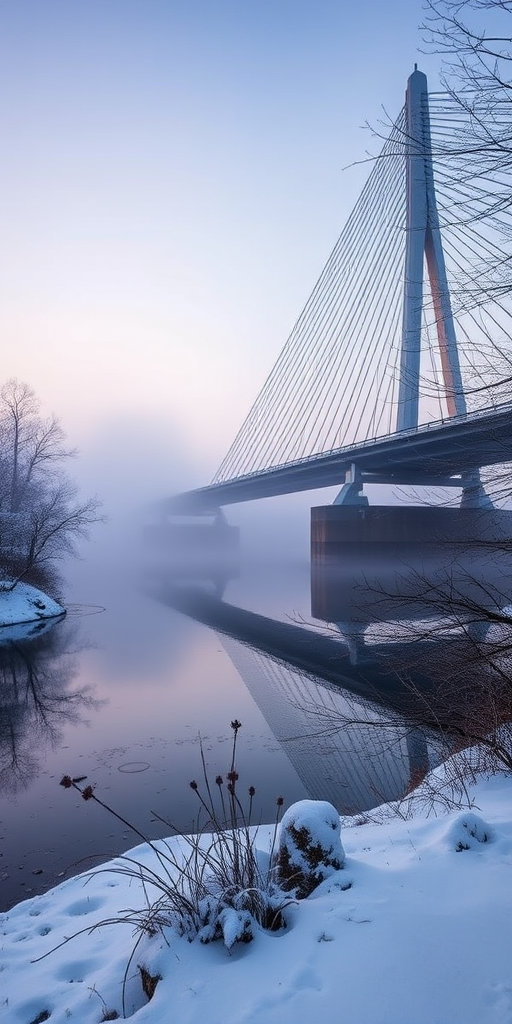 Capture a serene winter scene of a cable-stayed bridge over a misty river at dawn, using a DSLR camera, 50mm lens, f/8 aperture, ISO 100, and a shutter speed of 1/125 sec, with a wide-angle view to include the fog and reflections in the water.