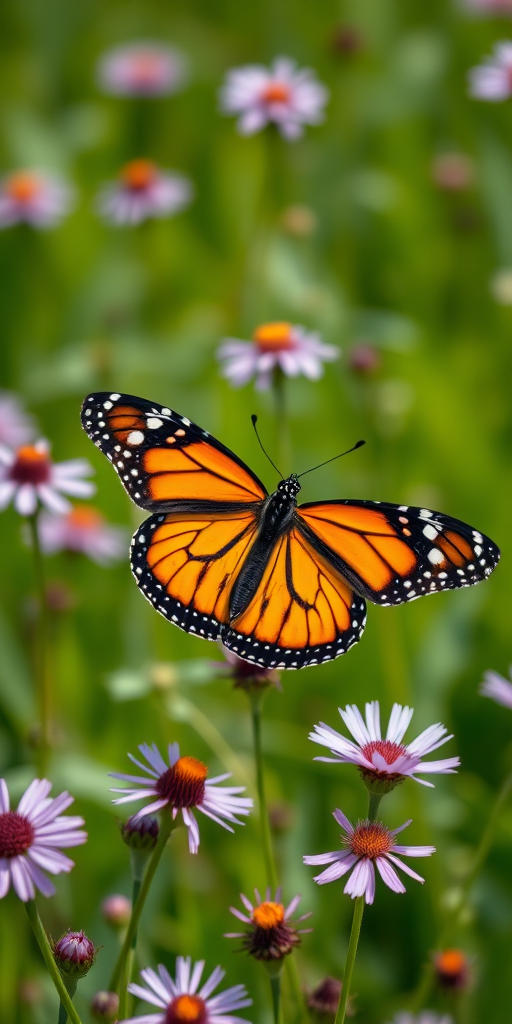 Generate a vibrant image of a monarch butterfly resting on delicate purple asters in a lush green meadow. The butterfly should showcase its striking orange and black patterns, while the background features soft, blurred greenery to enhance the focus on the butterfly and flowers.