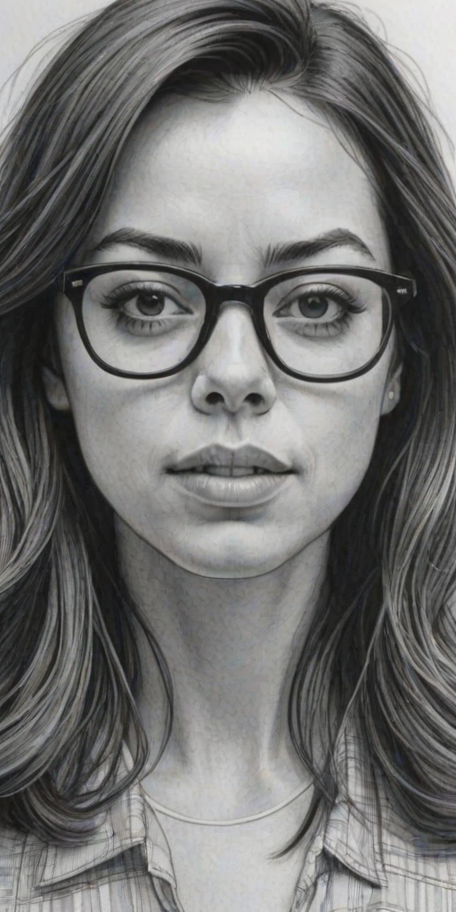 Superb Aubrey Plaza, pencil sketch, portrait of Ravishing woman 1969s in glasses, hair style beatnik, outline, clear lines, fine lines, 8k