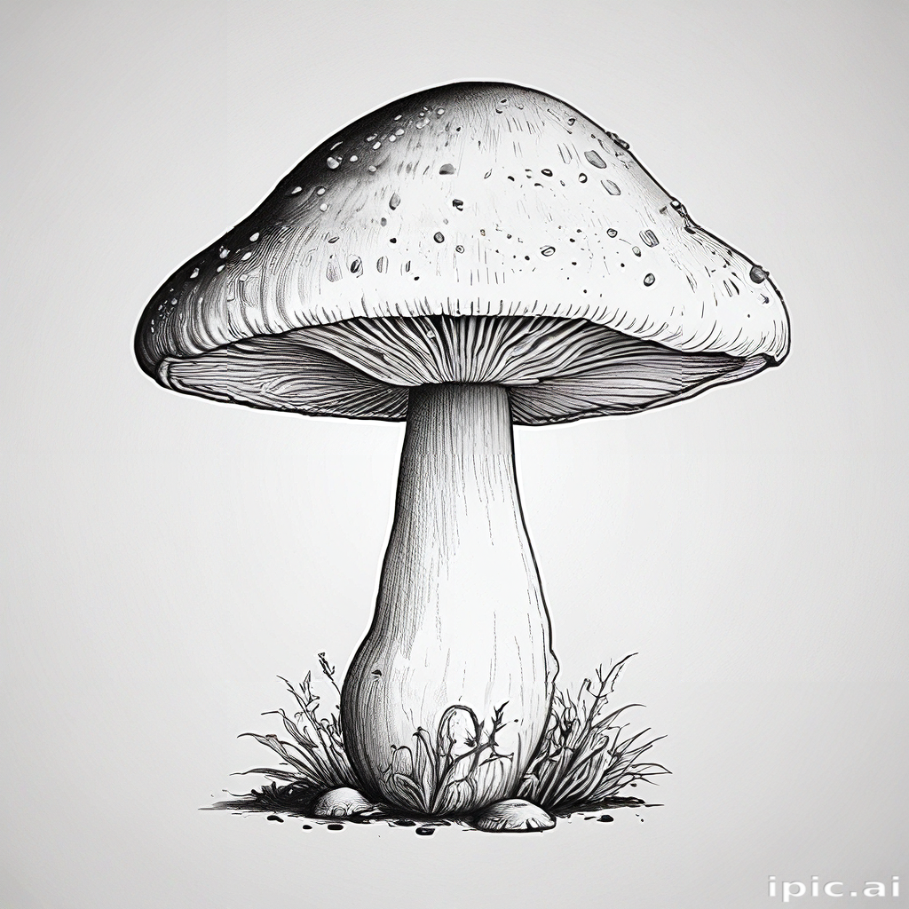Elegant Black and White Illustration of a Majestic Mushroom Growing ...