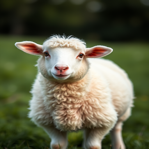 a fluffy white sheep standing on lush green grass, taken with a Canon EOS 5D Mark IV, aperture f/5.6, shutter speed 1/200s, ISO 100, with a shallow depth of field for a soft background blur, natural daylight, focus on the sheep's face