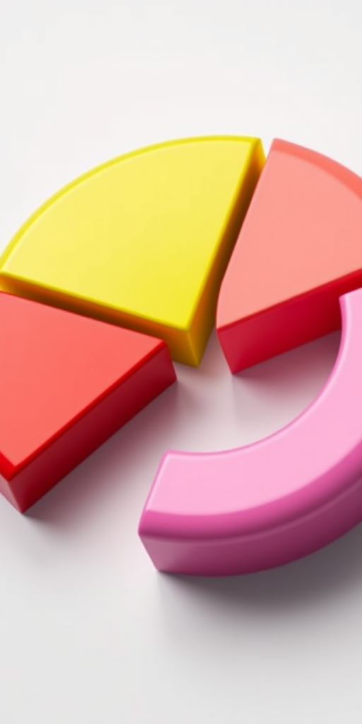 Create a 3D pie chart with vivid colors including yellow, red, green, pink, and blue, add a glossy finish, use a DSLR camera with an aperture of f/2.8, ISO 100, shot from a 45-degree angle, and a shallow depth of field.