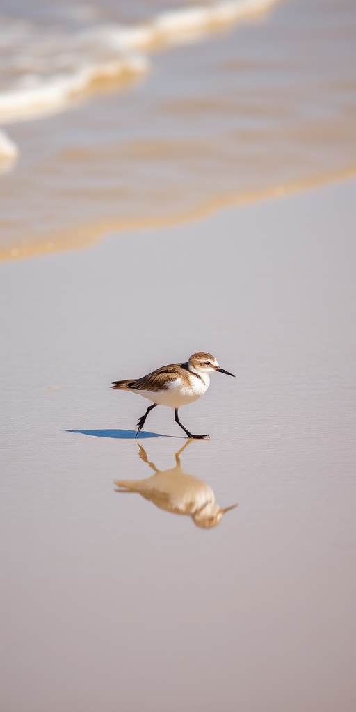 a small shorebird walking along the wet sand near the shoreline, shallow depth of field, natural sunlight, ISO 200, f/4.0, 1/200s, 50mm lens, taken with a DSLR camera