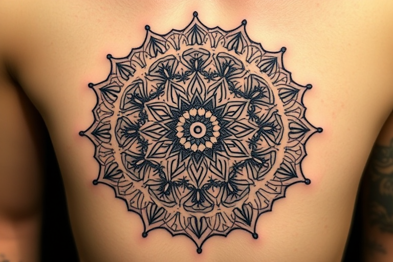 Ornate mandala tattoo called "Sacred Symmetry" showcasing intricate patterns radiating from a central point with delicate dotwork shading and precise geometric shapes