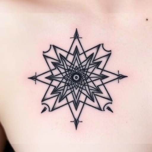 Minimalist blackwork geometric tattoo called "Sacred Symmetry" composed of intricate intersecting lines and shapes forming a mandala-like pattern with perfect balance and precision stark black ink creates bold contrast against pale skin sacred geometry symbols subtly integrated throughout the design conveying deep spiritual meaning