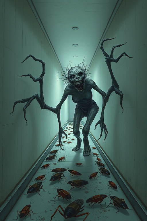 a crooked female with long arms and a creepy smile is crawling along a long white corridor and you can also see cockroaches in it there is a creepy atmosphere creepy art style