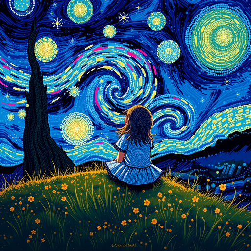 A young girl sitting on a grassy hill, looking up at the starry night sky painted in the style of Vincent Van Gogh's famous "Starry Night". The entire image is composed of tiny dots, giving it a dreamlike and illusionary quality. The girl is surrounded by vibrant colors and swirls in the sky, with stars twinkling above her