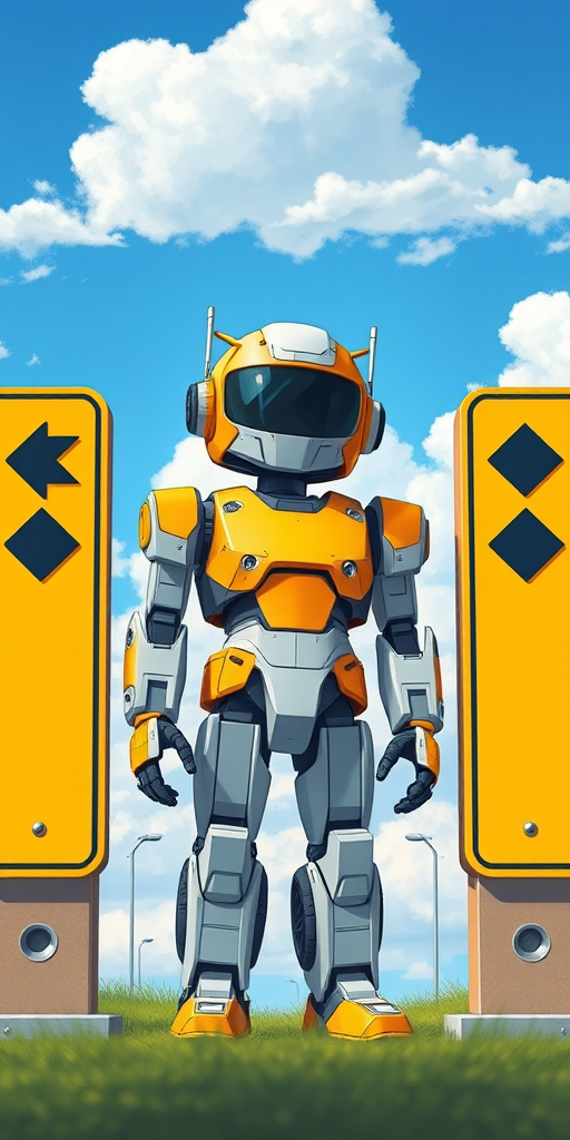 Create a vibrant illustration of a humanoid robot standing between two large yellow directional signs against a clear blue sky with fluffy clouds, using a Canon EOS R5 camera with a 50mm lens at f/1.8, ISO 100, and a soft focus background for depth.