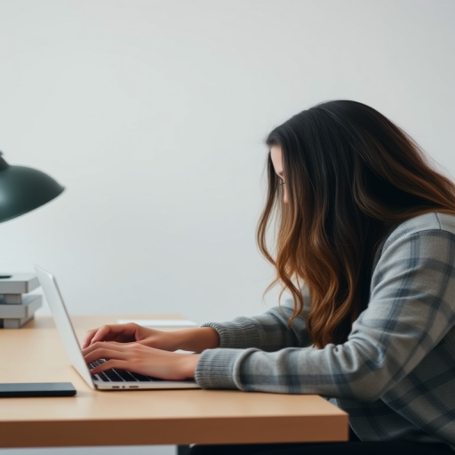 A young woman working on a laptop at a desk, minimalist style, flat colors, soft lighting, camera type: DSLR, camera settings: ISO 200, aperture f/4, shutter speed 1/100, camera view: close-up, focus on the subject with a blurred background.