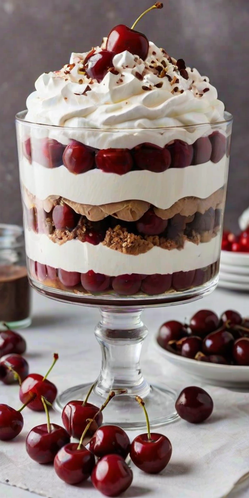 Create an image of a layered dessert in a glass trifle dish. The dessert should have alternating layers of chocolate mousse, whipped cream, and cherry filling. Top it with a generous amount of whipped cream and fresh cherries. Surround the dish with scattered chocolate shavings and fresh cherries on a light background.