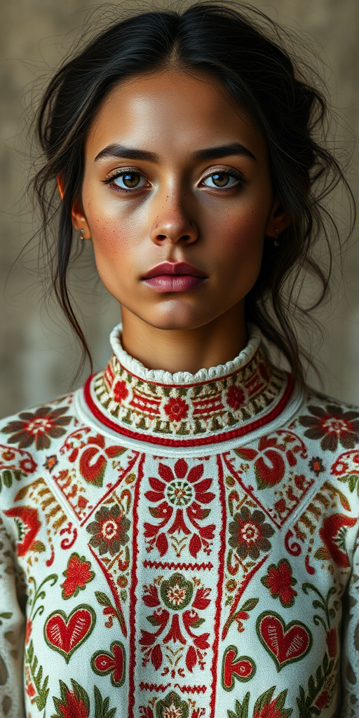 Face, shoulders, chest covered in openwork Romani embroidery. Raw, unedited image.