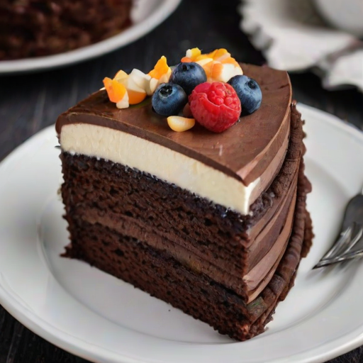 Generate an image of a slice of layered chocolate cake with creamy frosting and decorative toppings, placed on a simple white plate. The background should be dark and rustic, enhancing the rich colors of the cake.