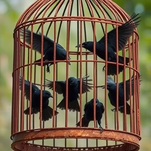 Create an image of a rusted birdcage with several black crows flying out, captured from a low angle with a 35mm lens, f/2.8 aperture, ISO 100, in natural daylight to enhance contrast and detail.