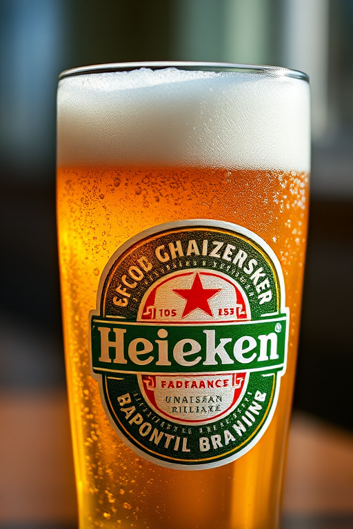 A close-up shot of a frosty Heineken beer in a branded glass, captured with a Canon EOS R5, 50mm lens, f/1.8 aperture, ISO 100, natural light to emphasize the golden color and frothy head, a blurred background to enhance focus on the beer.