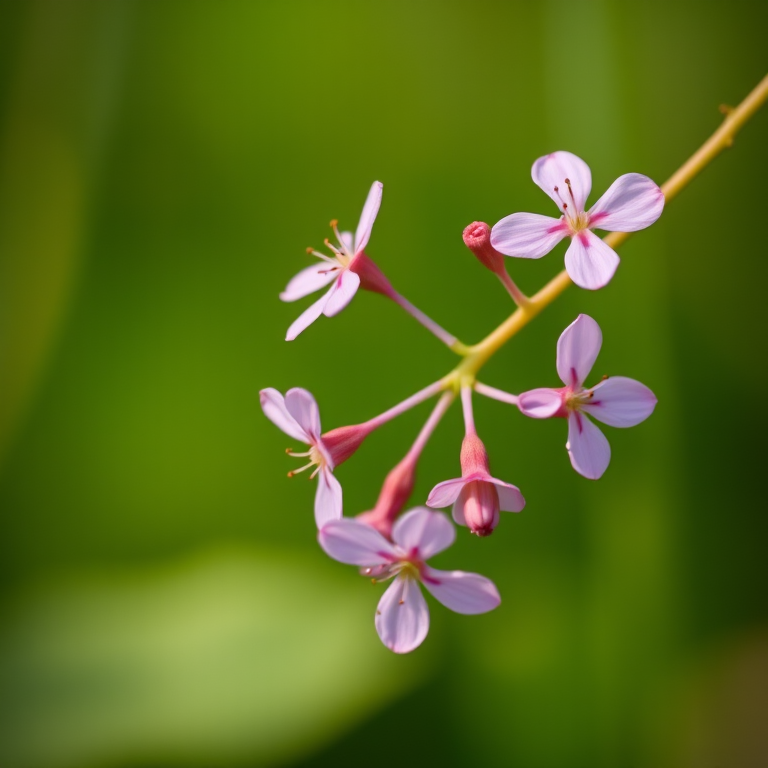 macro shot of delicate pink flowers on a slender stem with a blurred green background, aperture f/2.8, shutter speed 1/200 sec, ISO 100, 50mm lens, natural light, DSLR camera