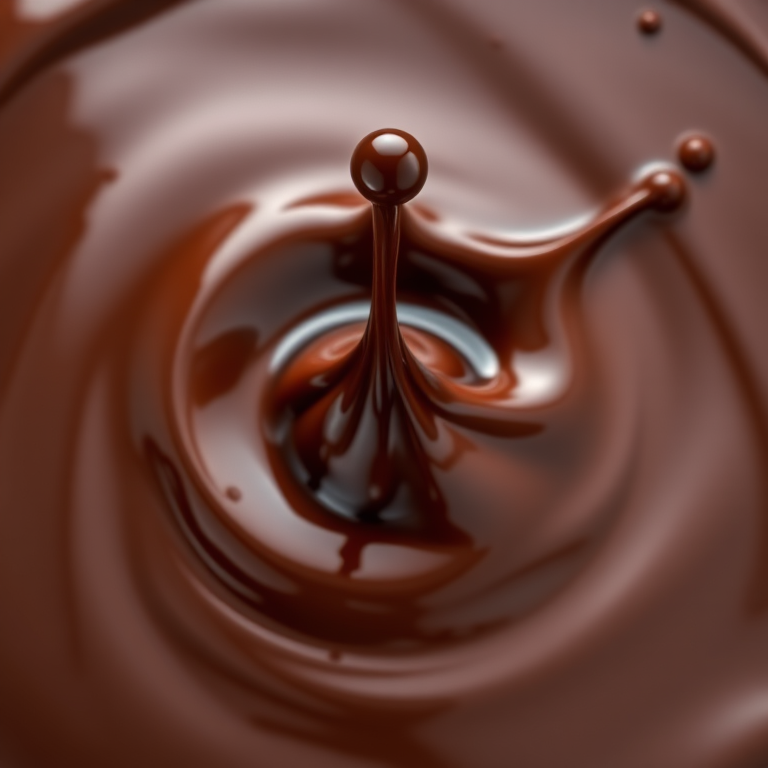 a high-speed photograph of a rich chocolate splash, macro focus, 1/1000s shutter speed, f/2.8 aperture, ISO 100, shot with a DSLR camera from a top-down view, natural light for enhanced texture and detail