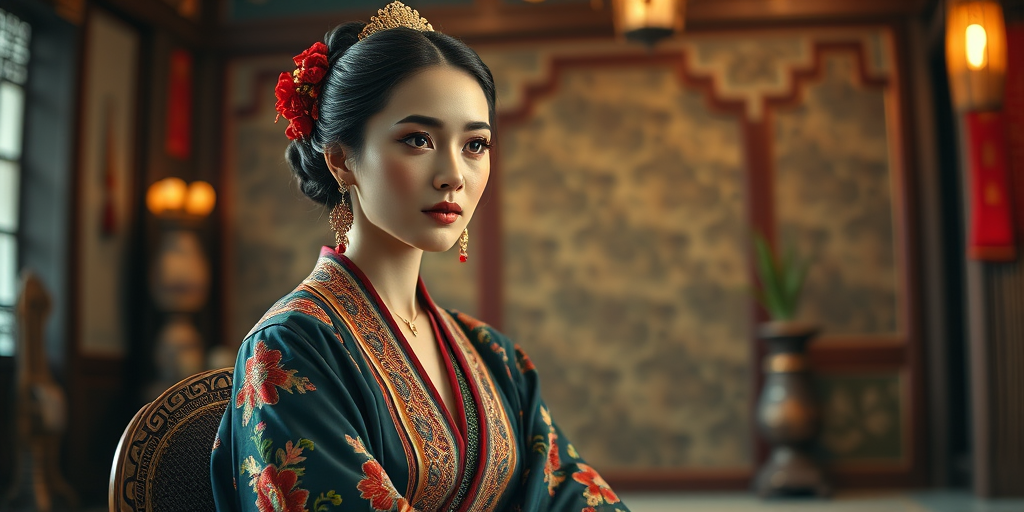 A beautiful Armenian woman in traditional East Asian attire, intricately detailed with embroidered patterns, sitting gracefully in a richly decorated room, soft ambient lighting, serene and elegant, ultra-realistic, 8K resolution