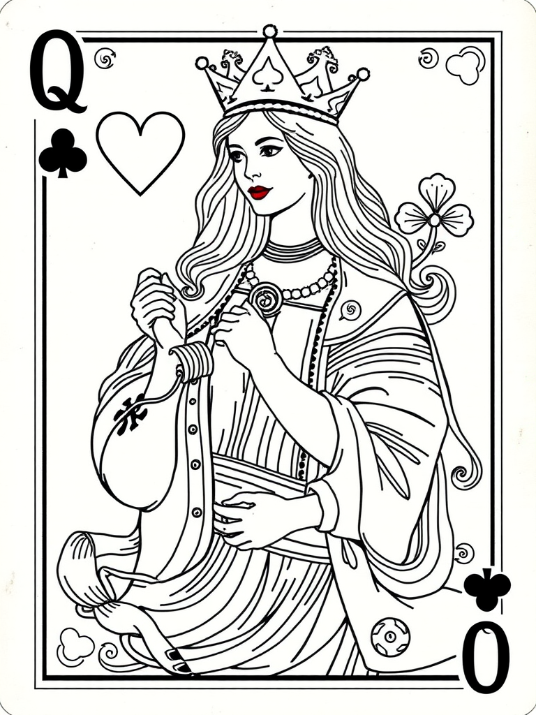 Regenerate an illustration of the Queen of Clubs playing card with intricate line art, using a DSLR camera with a 50mm lens, ISO 100, f/8 aperture, and a soft daylight setting for optimal clarity and detail.