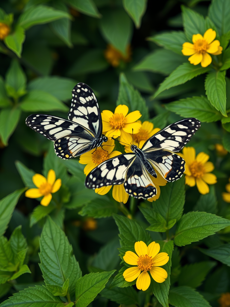 Create an image of two black and white patterned butterflies perched on vibrant yellow flowers surrounded by lush green leaves, capturing the beauty of nature in a close-up view.