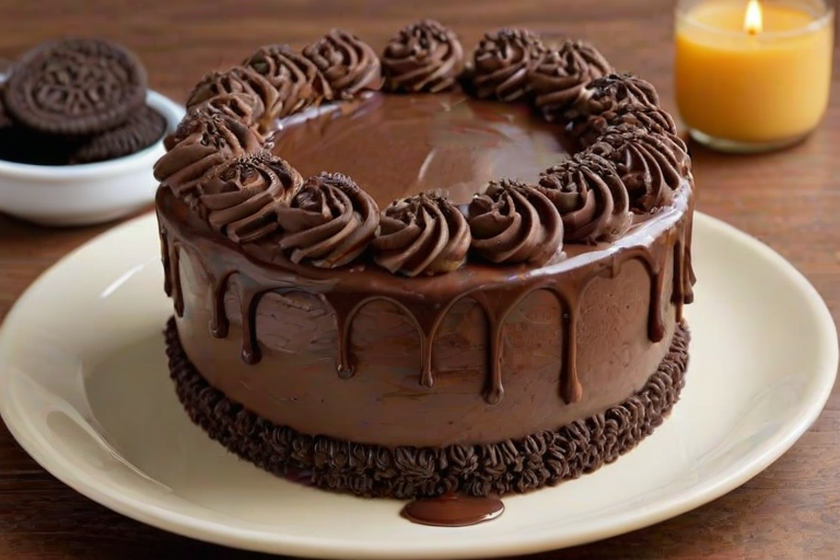 Create an image of a round chocolate cake topped with swirls of chocolate frosting and decorated with Oreo cookies. The cake should have a glossy chocolate ganache dripping down the sides, and the overall look should be rich and indulgent. Include a light, bright background to enhance the cake's presentation.