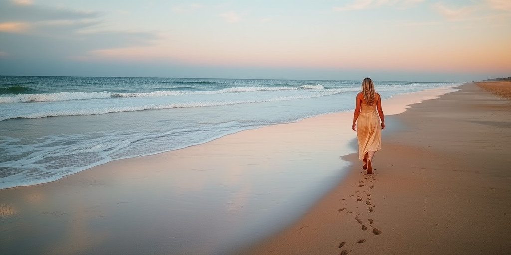 Deserted beach at sunrise, with waves gently lapping at the shore, a woman in a flowing dress walks along the water's edge, her footprints leaving a trail in the wet sand.