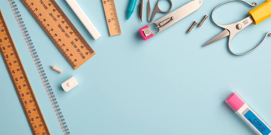 Create a high-resolution flat lay image of stationery items such as a pencil, ruler, eraser, sharpener, scissors, compass, and highlighter on a soft blue background, using a DSLR camera with a 50mm lens, aperture set to f/2.8, and ISO 100 for optimal sharpness and clarity.