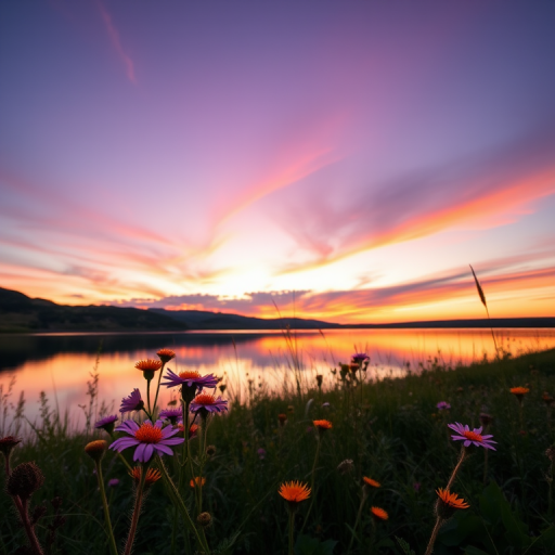 A serene lakeside scene at sunset with blooming wildflowers in the foreground, vibrant purple and orange sky reflecting on the water, captured with a DSLR camera, 24mm lens, f/11, ISO 100, long exposure for enhanced detail and color vibrancy.