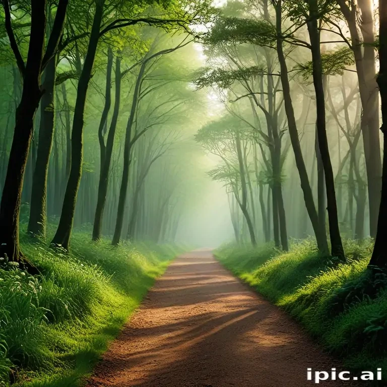 A Serene Pathway Through Lush Green Forest Surrounded by Misty Atmosphere.