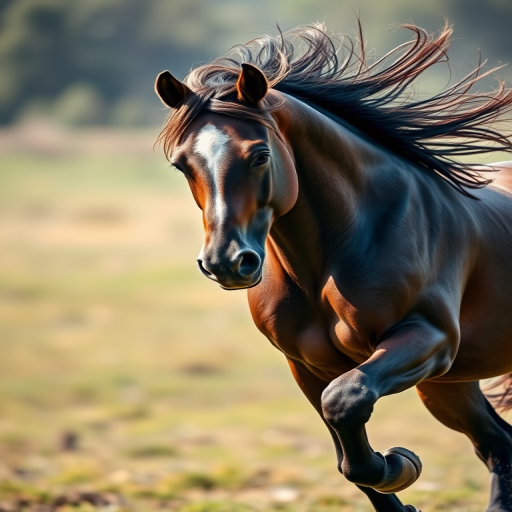 A majestic horse running with flowing mane and powerful muscles, soft focus background, natural lighting, high dynamic range, 85mm lens, f/1.8 aperture, ISO 100, taken with a DSLR camera, emphasizing the horse's grace and strength.