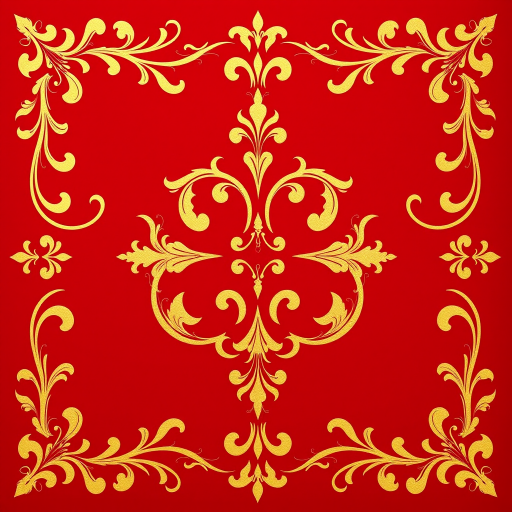 Create an elegant design featuring gold ornate swirls on a deep red background, in a high-resolution digital artwork style, 50mm lens, f/2.8 aperture, soft focus, natural lighting, shot from a straight-on view.