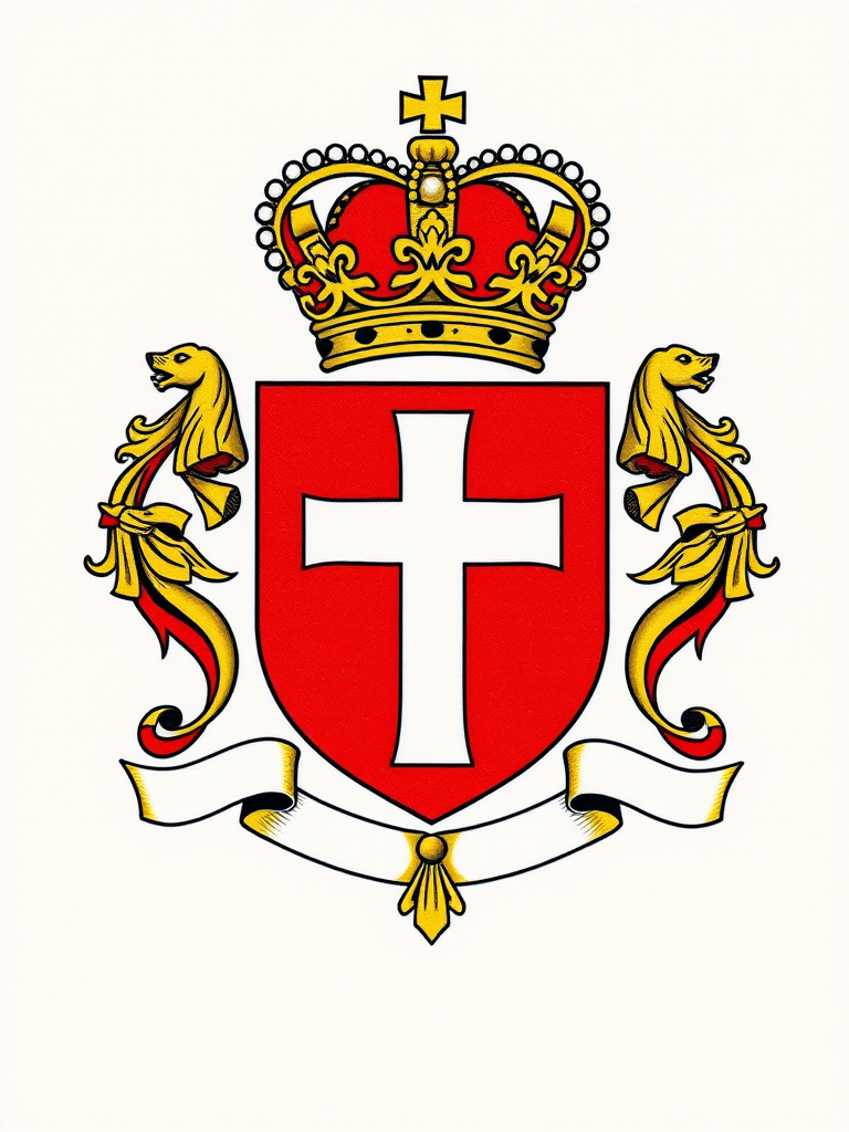 Create a detailed, high-resolution illustration of a royal coat of arms featuring a red shield with a white cross at the center, flanked by ornate golden elements and decorative ribbons, using a DSLR camera with a 50mm lens, f/2.8 aperture, ISO 100, shot in natural lighting with a shallow depth of field.