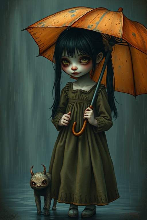 An eerie, weird little girl with dark hair in thin pigtails, wearing a smock dress, standing in the rain, holding a dirty orange umbrella, a small, odd creature beside her. In a surreal style inspired by Nicoletta Ceccoli and Brian Froud. Dark fantasy themes