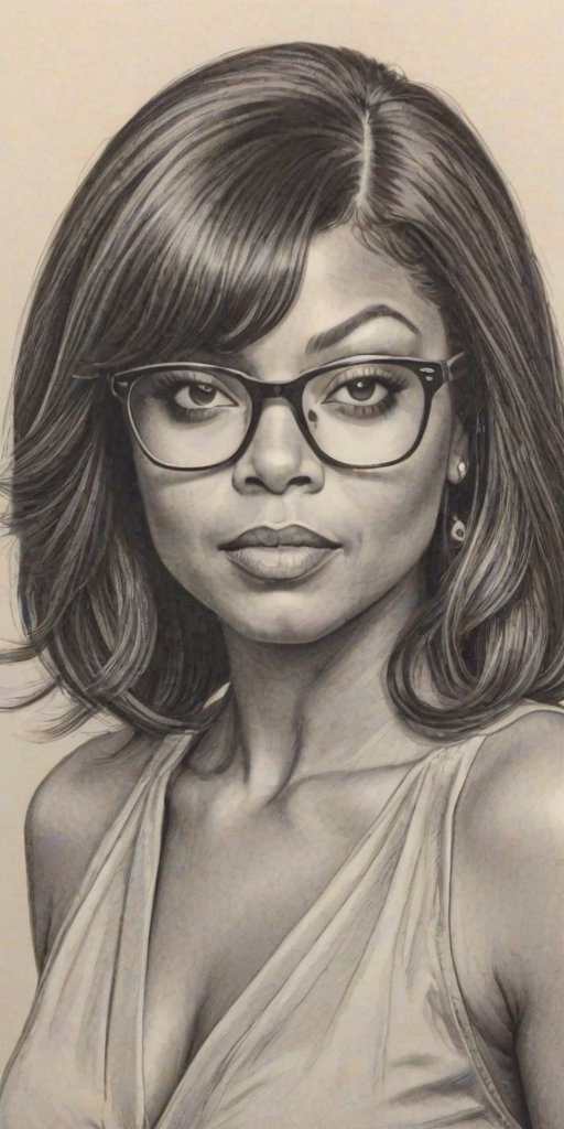 Appealing Taraji P. Henson, pencil sketch, portrait of Beauteous woman 1979s in glasses, hair style beatnik, outline, clear lines, fine lines, 8k