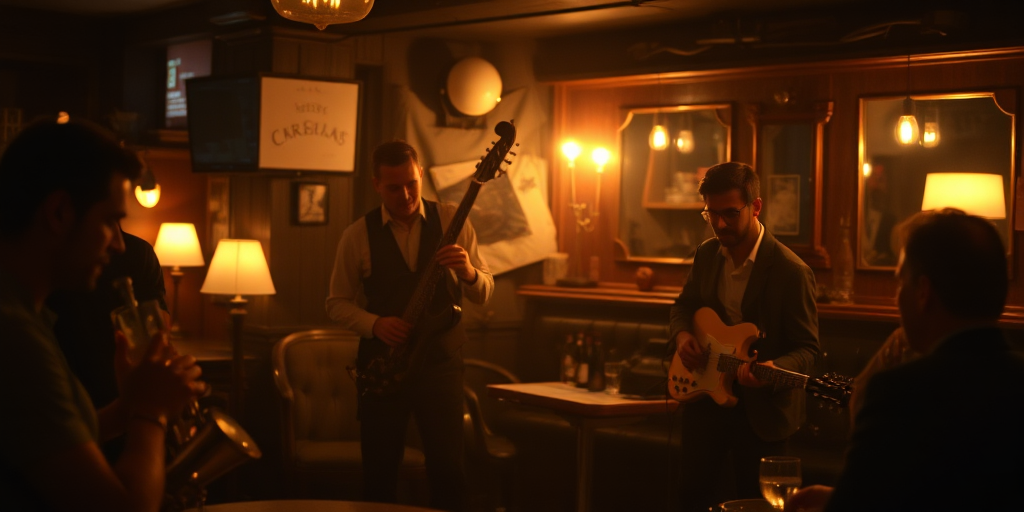 Grainy, low-light photo of a small jazz band playing in a dimly lit bar, soft glow from table lamps casting warm light on the musicians, smoke lingering in the air, patrons nodding along to the music, soft clinking of glasses in the background.