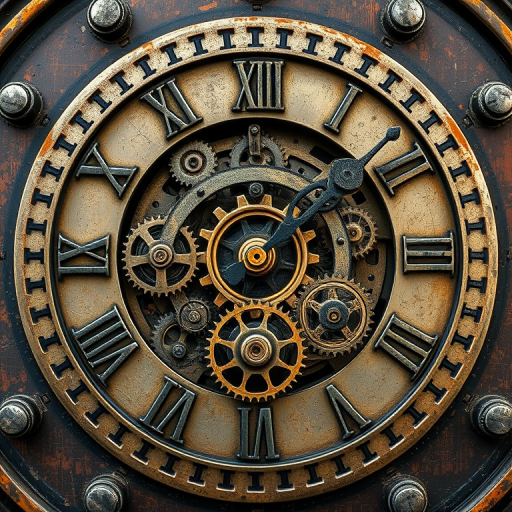 Create an intricate steampunk clock face featuring exposed gears and a weathered metallic finish, shot with a DSLR camera, 50mm lens, f/2.8 aperture, ISO 100, with soft side lighting to enhance shadows and texture.