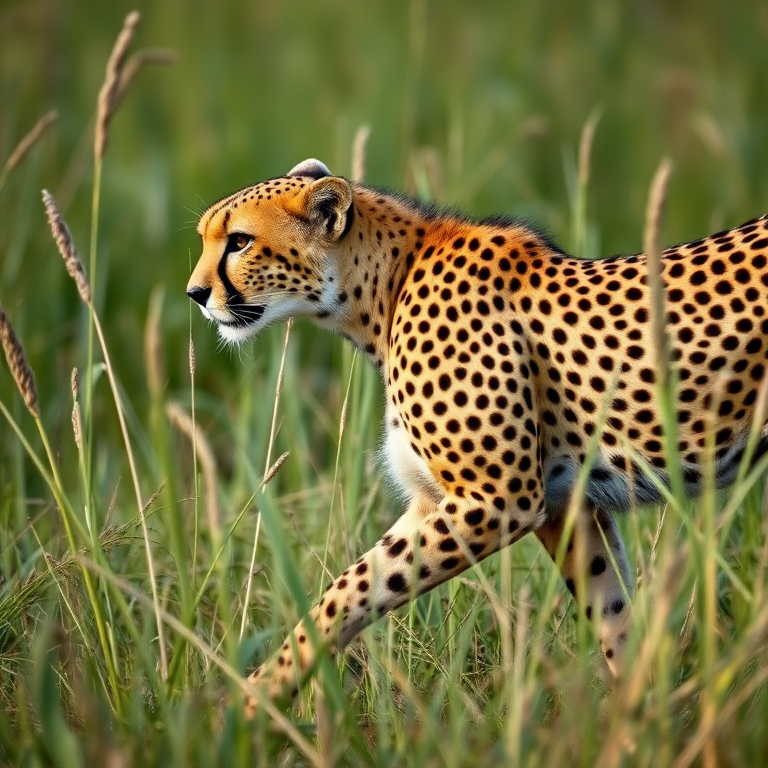 Cheetah walking through tall grass, side view, natural lighting, 50mm lens, f/4 aperture, 1/1000 sec shutter speed, ISO 200, DSLR camera, wildlife photography style.