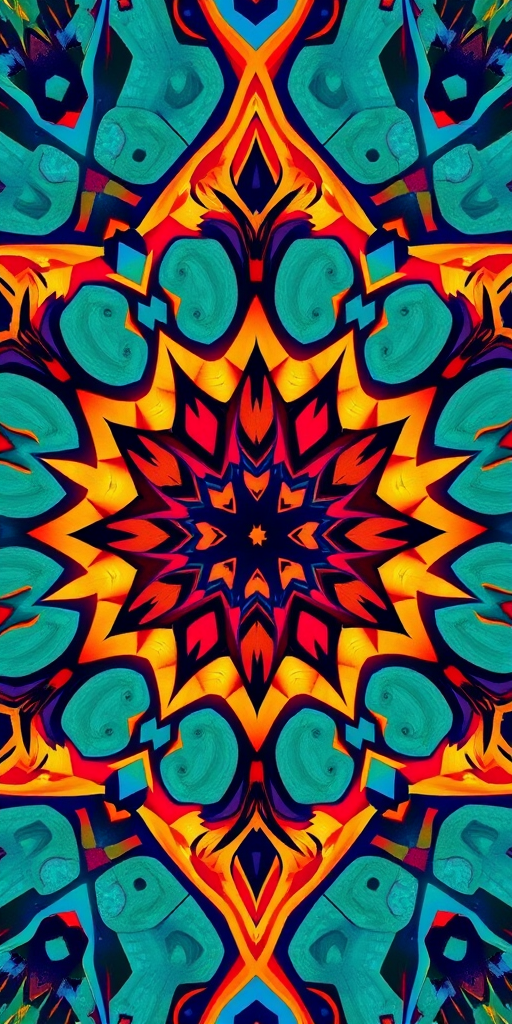 Create a high-resolution geometric pattern with vibrant colors and intricate designs, using a Canon EOS R5 camera, 50mm lens, f/1.8 aperture, ISO 100, and a top-down perspective to enhance depth and detail.