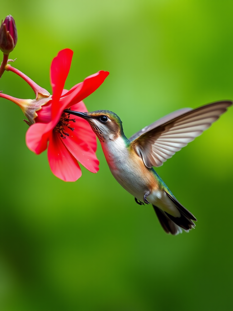 hummingbird in mid-flight feeding at a red flower, captured with a Canon EOS 5D Mark IV, 1/2000s shutter speed, f/4 aperture, ISO 400, focused on the bird, vibrant green background, macro photography style