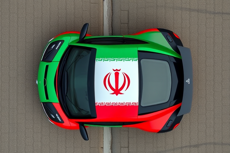 top-down view of a sports car with a vibrant Iranian flag design, high resolution, f/2.8 aperture, 1/200 sec shutter speed, ISO 100, drone-mounted camera, HDR photography