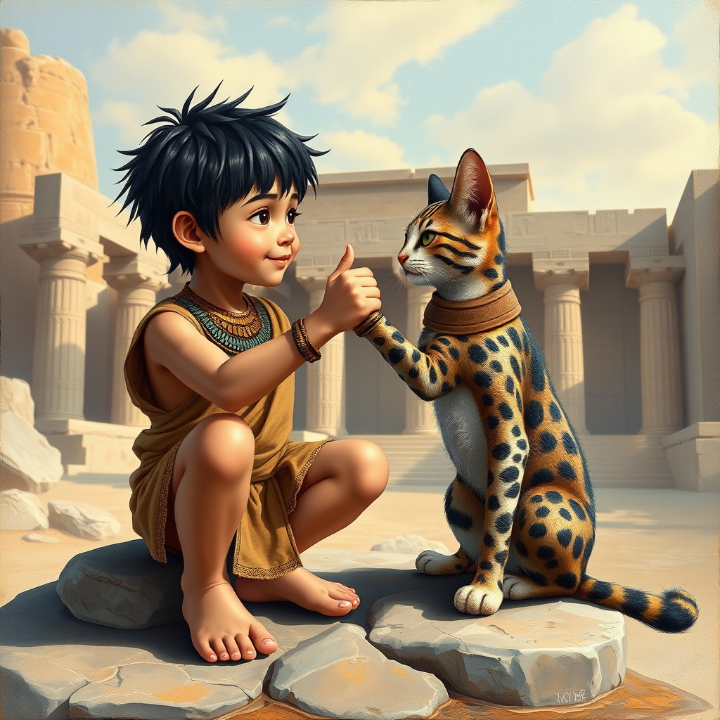 Airbrush, whimsical, glossy oil painting, hyper realism of an Ancient Egyptian boy with black messy short hair, wearing an Ancient Egyptian outfit, bare feet, sitting on a stone in front of a temple, fist bumping with his Ancient Egyptian cat, the boy and the cat looking to each other proudly.