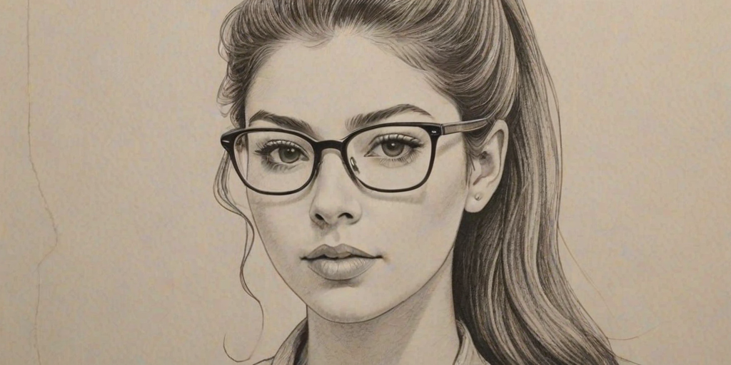 Superb Kira Kosarin, pencil sketch, portrait of Fetching woman 1975s in glasses, hair style beatnik, outline, clear lines, fine lines, 8k
