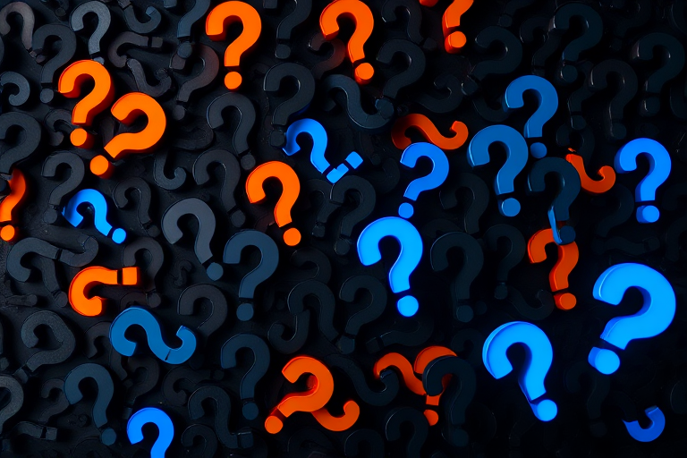 create a high-resolution image of a chaotic arrangement of question marks in various shades of black, with distinct blue and orange question marks illuminated from below, captured with a DSLR camera at f/8, ISO 100, 50mm lens, soft focus background, top-down view with studio lighting